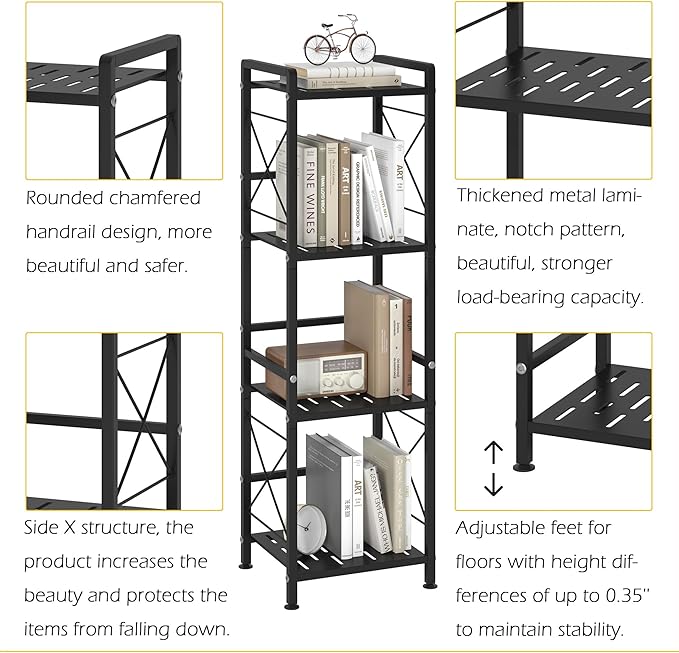JSB 4 Tier Metal Bookshelf Bathroom Storage Standing Shelf Unit Kitchen Storage Organizer Display Rack Bookcases Shelves for Living Room, Bedroom, Office (Black, 4 Tier) - LeafyLoom