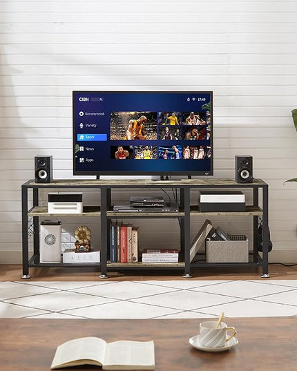 VECELO TV Stand with Power Outlets for Televisions Up to 70 Inch, Industrial Entertainment Center with 3-Tier Open Storage Shelves & 6 Hooks for Living, Bedroom and Gaming Room, 63 Inch, Rustic Grey - LeafyLoom