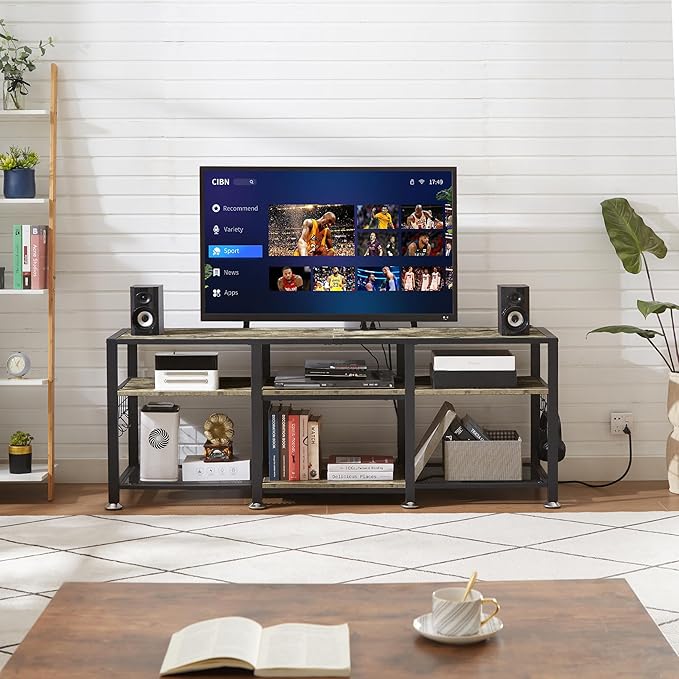 VECELO TV Stand with Power Outlets for Televisions Up to 70 Inch, Industrial Entertainment Center with 3-Tier Open Storage Shelves & 6 Hooks for Living, Bedroom and Gaming Room, 63 Inch, Rustic Grey - LeafyLoom
