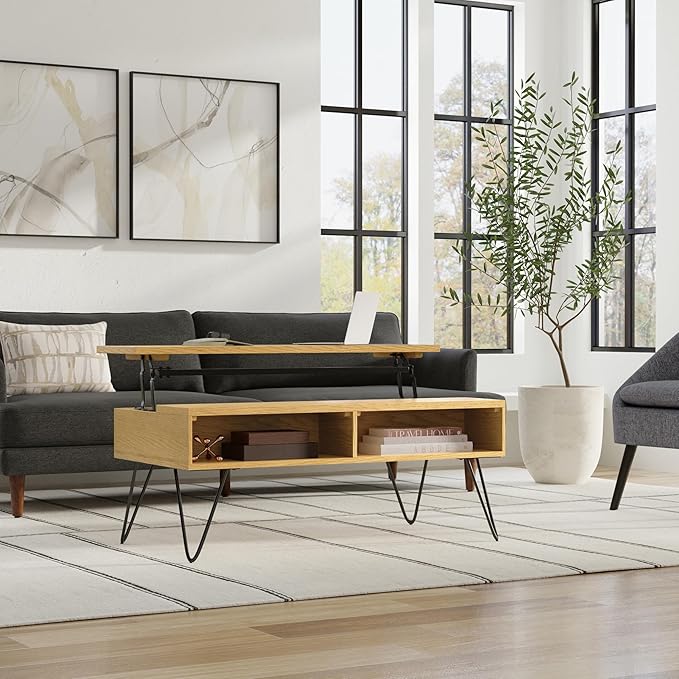 SIMPLIHOME Hunter Lift Top Coffee Table, 48 inch, Oak Veneer - LeafyLoom
