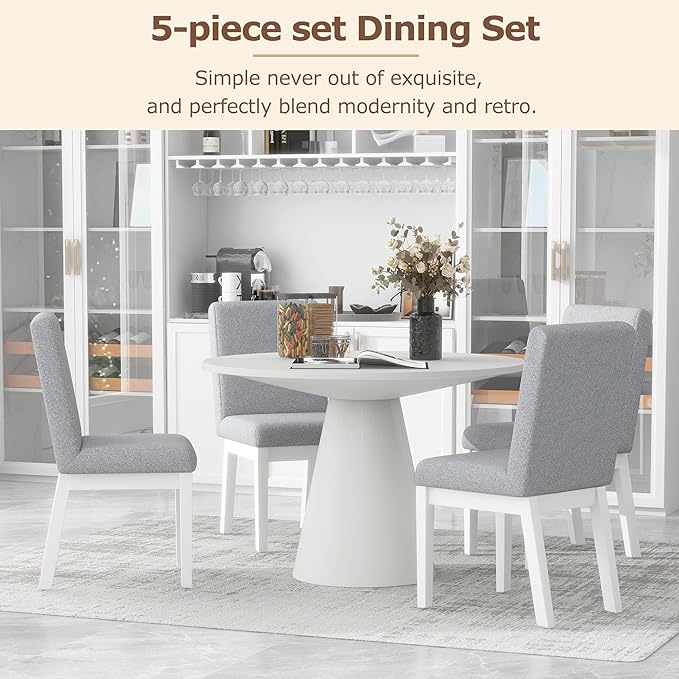 Retro Round Minimalist Elegant 4 Peoples, Rubber Wood, Exquisite Workmanship and Full Assembly Required, for Kitchen, Room, 1 Piece Dining Table Set, White 27 - LeafyLoom