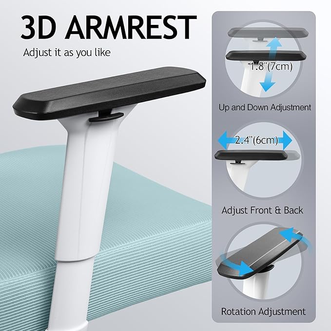 KERDOM Ergonomic Office Chair, Rolling Swivel Executive Desk Chair, Breathable Mesh Gaming Chair with Adjustable Headrest, 3D Armrest and Lumbar Support for Home Office LightBlue - LeafyLoom