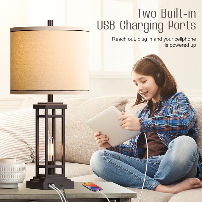 27.5 Tall Farmhouse Table Lamps with USB C + USB A Charge Ports, Rustic Living Room Lamps Set of 2, Black Industrial End Table Lamp for Bedroom Living Room Nightstand - LeafyLoom