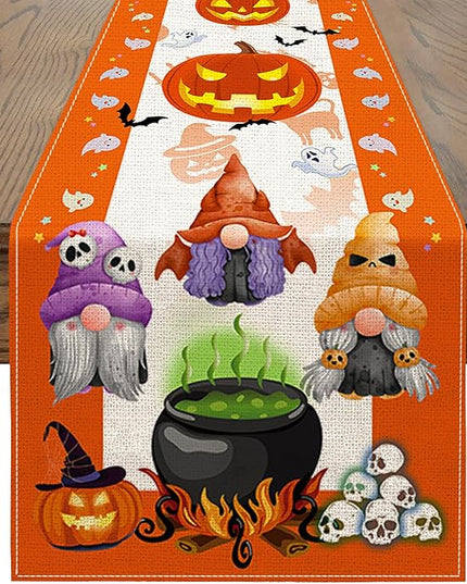 Halloween Table Runner, Halloween Table Runner 108 Inches Long, Halloween Gnomes Pumpkins Runners for Table, Black Cat Trick or Treat Decor Extra Long Burlap Runner Rug for Decorations Dining Room Unibyby