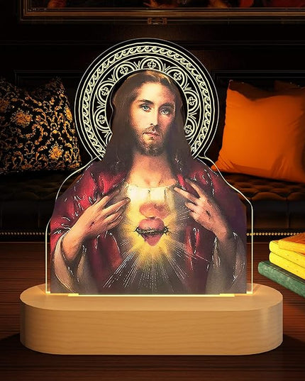 Catholic Gifts for Women, Sacred Heart of Jesus Picture Religious Gifts with Warm Yellow Light for Home Decor, Christian Inspirations Godly Blessed Birthday Gifts for Mother Grandma Men Lady - LeafyLoom