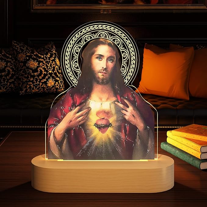 Catholic Gifts for Women, Sacred Heart of Jesus Picture Religious Gifts with Warm Yellow Light for Home Decor, Christian Inspirations Godly Blessed Birthday Gifts for Mother Grandma Men Lady - LeafyLoom