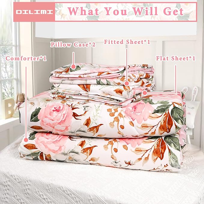 DILIMI Twin Comforter Set for Girls, Reversible Pink Floral Comforter Twin Size Bed, 5 Pieces Ultra Soft Twin Bedding Sets with Comforter, Flat Sheet, Fitted Sheet, 2 Pillowcase - LeafyLoom