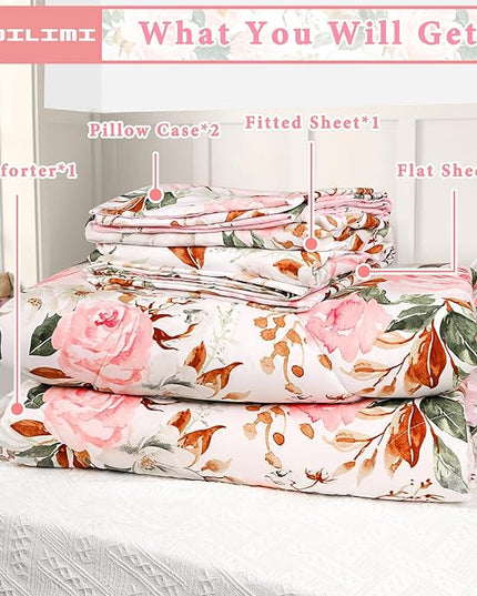 DILIMI Full Size Comforter Set for Girls, Reversible Comforter Full Size, 5 Pieces Ultra Soft Pink Floral Full Size Bed Comforter Sets with Sheet, Comforter, Flat Sheet, 2 Pillowcase - LeafyLoom