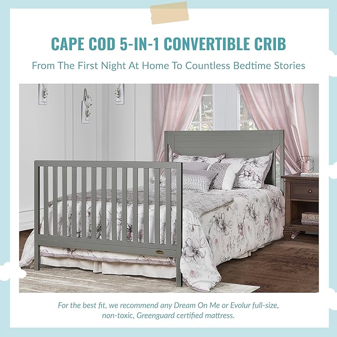 Cape Cod 5-in-1 Convertible Crib in Storm Grey, Greenguard Gold Certified, 55x30x44.5 Inch (Pack of 1) - LeafyLoom