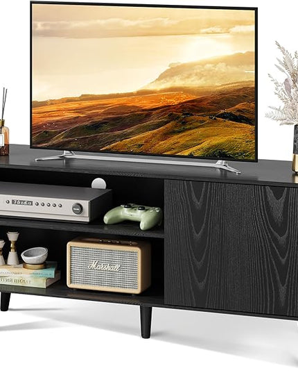 WLIVE Mid-Century Modern TV Stand for 55" TV, Entertainment Center with Storage, Open Shelves TV Console for Living Room and Bedroom, Black - LeafyLoom
