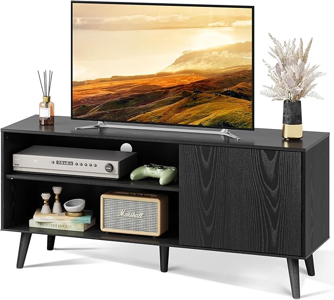 WLIVE Mid-Century Modern TV Stand for 55" TV, Entertainment Center with Storage, Open Shelves TV Console for Living Room and Bedroom, Black - LeafyLoom