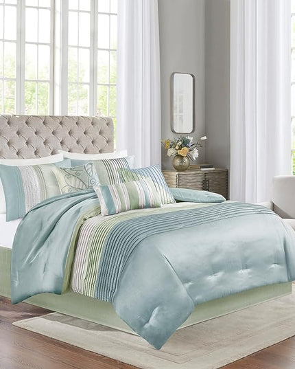 Madison Park Amherst Faux Silk Comforter Set-Casual Contemporary Design All Season Down Alternative Bedding, Matching Shams, Bedskirt, Decorative Pillows, Cal King(104"x92"), Green, 7 Piece (MP10-848) - LeafyLoom