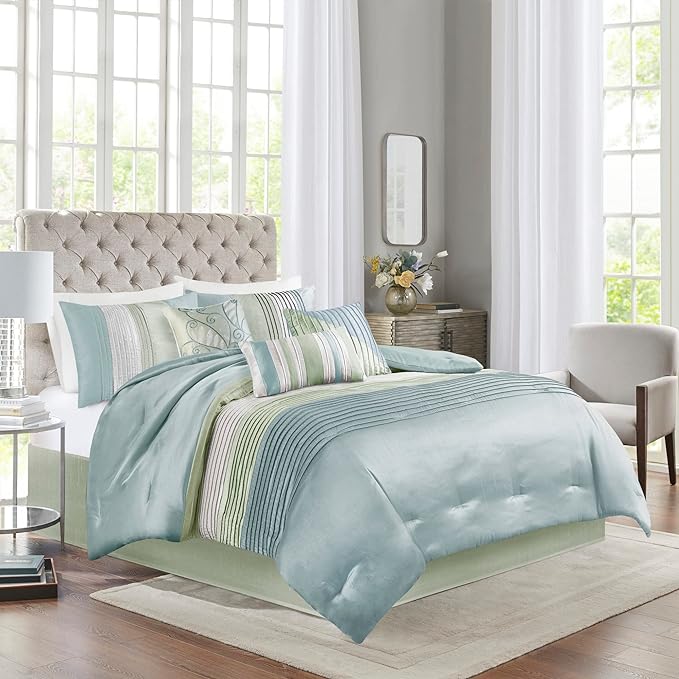 Madison Park Amherst Faux Silk Comforter Set-Casual Contemporary Design All Season Down Alternative Bedding, Matching Shams, Bedskirt, Decorative Pillows, Cal King(104"x92"), Green, 7 Piece (MP10-848) - LeafyLoom