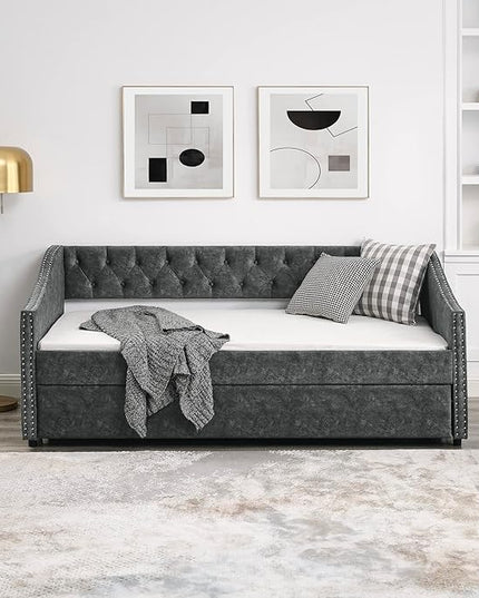 Twin Size Daybed with Trundle,Linen Upholstered Sofa Bed W/Button on Back & Copper Nail on Waved Shape Armrests,Space Saving,No Spring Box Need,Wood Bedframe for Living Room Bedroom Dorm,Grey - LeafyLoom