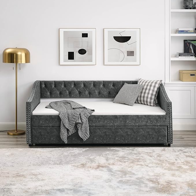 Twin Size Daybed with Trundle,Linen Upholstered Sofa Bed W/Button on Back & Copper Nail on Waved Shape Armrests,Space Saving,No Spring Box Need,Wood Bedframe for Living Room Bedroom Dorm,Grey - LeafyLoom