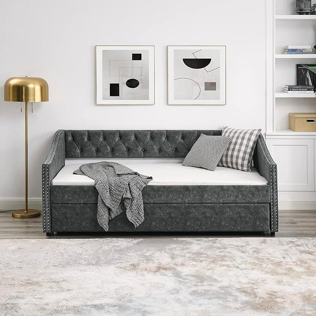 Twin Size Daybed with Trundle,Linen Upholstered Sofa Bed W/Button on Back & Copper Nail on Waved Shape Armrests,Space Saving,No Spring Box Need,Wood Bedframe for Living Room Bedroom Dorm,Grey - LeafyLoom