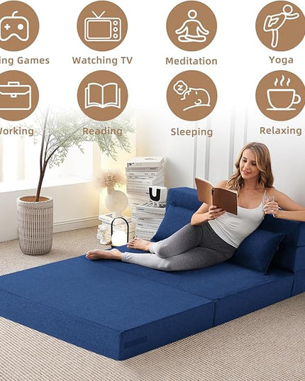 Convertible Folding Sofa Bed-Sleeper Chair with Pillow, Modern Linen Fabric Floor & Futon Couch, Foldable Mattress for Living Room/Dorm/Guest Use/Home Office/Apartment, Queen Size,Navy Blue - LeafyLoom