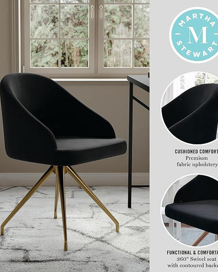 Martha Stewart Sora Stationary Swivel Task Chair with Sloped Arms for Home Office in Black Velvet with Polished Brass Frame - LeafyLoom