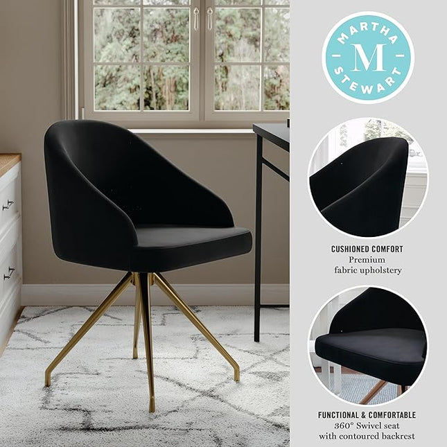 Martha Stewart Sora Stationary Swivel Task Chair with Sloped Arms for Home Office in Black Velvet with Polished Brass Frame - LeafyLoom
