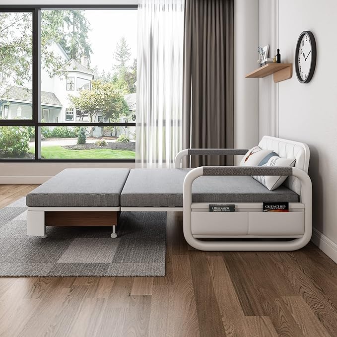 62" Modern Light Gray Cotton Linen Upholstered Convertible Pull Out Sofa Bed Storage - LeafyLoom