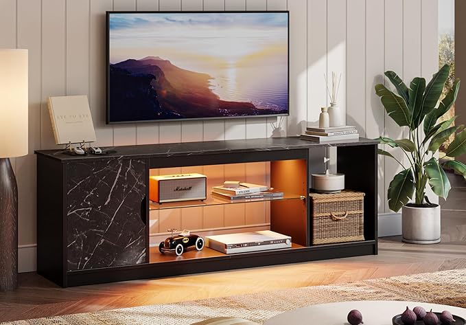 Bestier Led Entertainment Center for PS5, Gaming TV Stand with Cabinet for 60/65 Inch TV, Modern TV Console with Adjustable Glass Shelf for Living Room Easy Assembly Black Marble - LeafyLoom