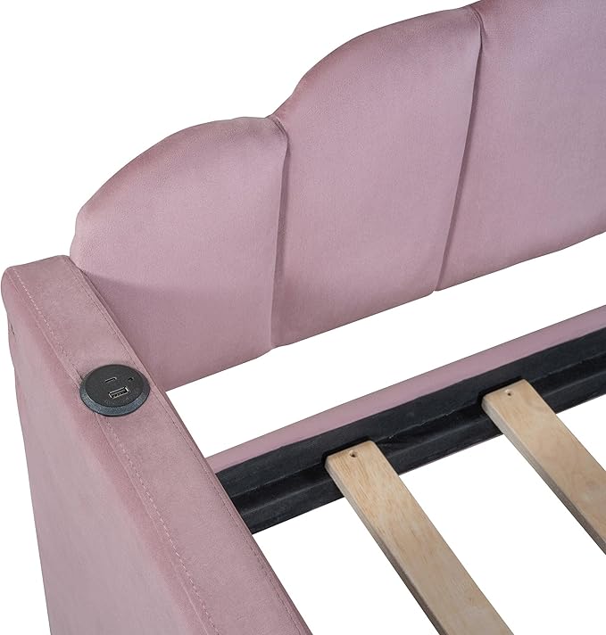 Twin Size Upholstered Daybed with 2 Drawers and Striped Headboard, Solid Wood Velvet Bed with USB Charging Ports, Space-Saving Design, No Box Spring Needed, for Living Room, Bedroom, Dorm, Pink - LeafyLoom