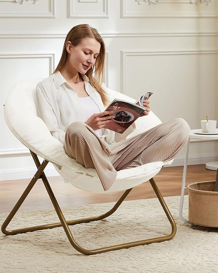 Sweetcrispy Comfy Saucer Chairs Faux Fur Lounge for Bedroom Living Room Flexible Folding Seating for Kids Teens Adults, Soft Padded and Metal Frame Modern for Home Office, X-Large White - LeafyLoom