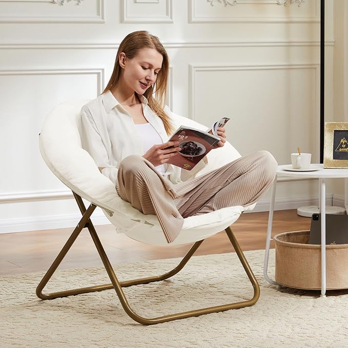 Sweetcrispy Comfy Saucer Chairs Faux Fur Lounge for Bedroom Living Room Flexible Folding Seating for Kids Teens Adults, Soft Padded and Metal Frame Modern for Home Office, X-Large White - LeafyLoom