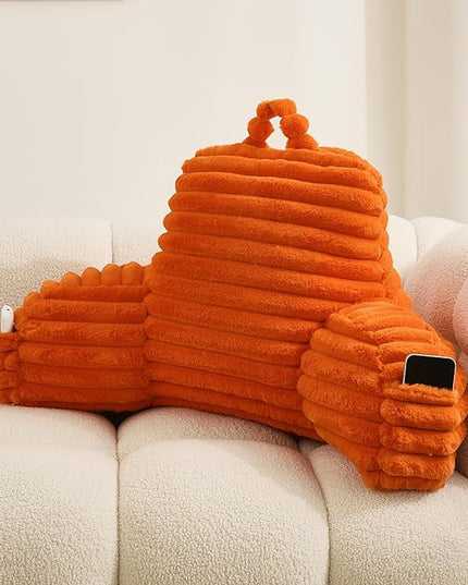 WERDIM Reading Pillow for Sitting in Bed, Faux Fur Back Pillow for Bed Rest, Bed Chair Pillow with Arms and Pockets(Standard, Orange) - LeafyLoom