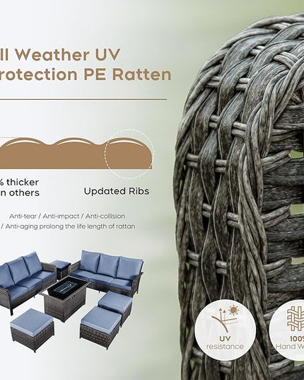 Yechen Patio Conversation Set 10 Seats with 44" Propane Gas Fire Pit Table - 7 Pcs Outdoor Wicker Furniture Set with Lid & Wind Shields - Sectional Sofa Set for Porch,Backyard - LeafyLoom
