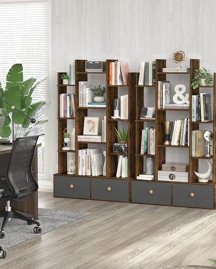 Unikito Bookshelf with 2 Drawers, Vintage Open Bookcase, Free Standing Book Shelf Organizer, Industrial Wood Bookshelves Storage Shelf, Book Case for Bedroom, Living Room, Home Office, Rustic Brown - LeafyLoom