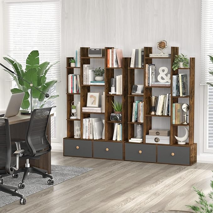 Unikito Bookshelf with 2 Drawers, Vintage Open Bookcase, Free Standing Book Shelf Organizer, Industrial Wood Bookshelves Storage Shelf, Book Case for Bedroom, Living Room, Home Office, Rustic Brown - LeafyLoom