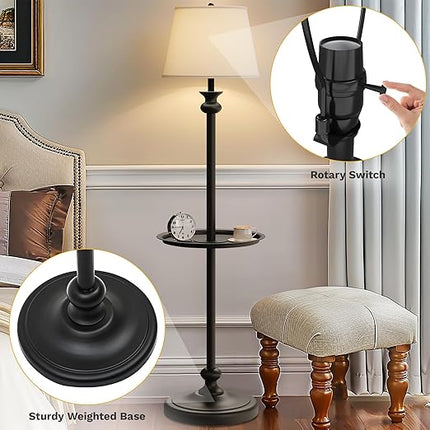 DWVO Floor Lamp with Tray, Retro Style 57'' Metal End Floor Lamp with Linen Shade, Weighted Base, and ON/OFF Rotary Switch for Bedroom, Living Room, Office, Study, Office (Bulbs not Included) - LeafyLoom