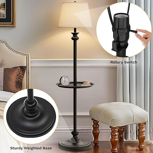 DWVO Floor Lamp with Tray, Retro Style 57'' Metal End Floor Lamp with Linen Shade, Weighted Base, and ON/OFF Rotary Switch for Bedroom, Living Room, Office, Study, Office (Bulbs not Included) - LeafyLoom