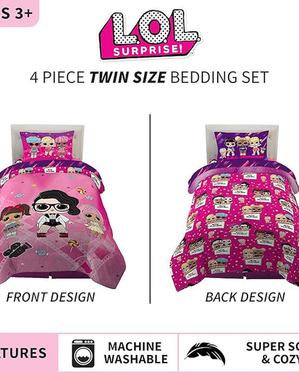 Franco Kids Bedding Super Soft Comforter and Sheet Set, 4 Piece Twin Size, LOL Surprise - LeafyLoom