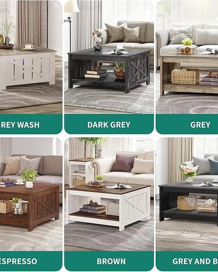 YITAHOME Coffee Table Farmhouse Coffee Table with Storage Rustic Wood Cocktail Table,Square Coffee Table for Living Meeting Room with Half Open Storage Compartment, Rustic Grey - LeafyLoom