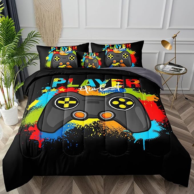 6 Pieces Gamer Comforter Set for Boys Gaming Bedding Set Full Size,Video Game Controller Comforter for Boys Kids Adult 3D Gamepad Microfiber Bedding Sets 6 Pieces Bed in A Bag Sets30019,Full - LeafyLoom