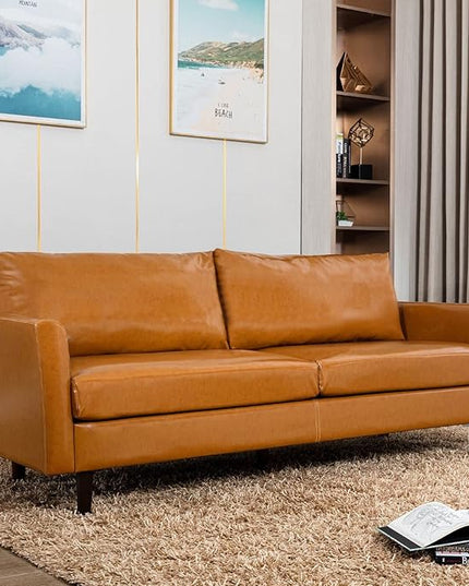 Dreamsir 80'' Faux Leather Sofa Couch, Mid-Century Modern Sofa with Solid Wooden Frame & Padded Cushions, 3-Seater Couch for Living Room, Apartment, Lounge Room (Camel) - LeafyLoom