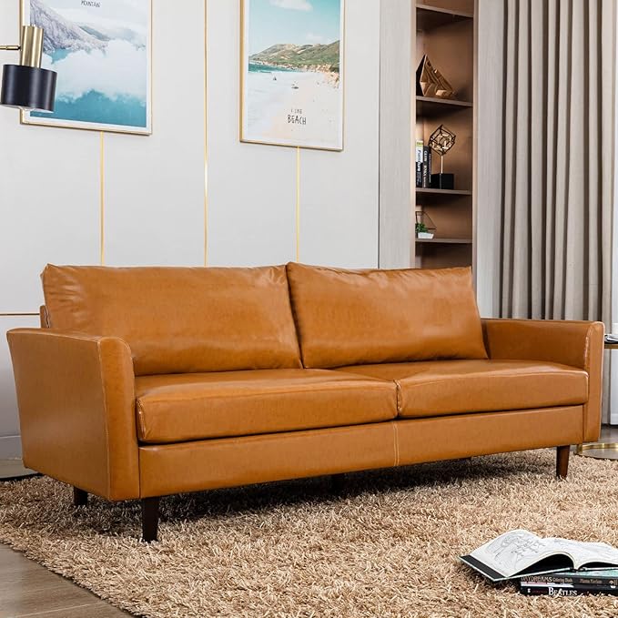 Dreamsir 80'' Faux Leather Sofa Couch, Mid-Century Modern Sofa with Solid Wooden Frame & Padded Cushions, 3-Seater Couch for Living Room, Apartment, Lounge Room (Camel) - LeafyLoom