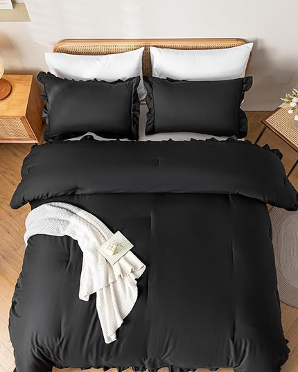 JANZAA Black Comforter Set Twin Comforter Set Ruffled Comforter Set Soft Twin Size Bed Set Vintage Farmhouse Bed Comforter Set Shabby Fluffy Bedding (1 Solid Color Comforter and 1 Pillowcase) - LeafyLoom