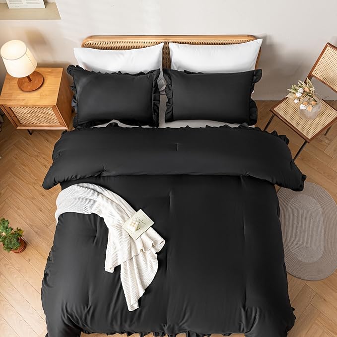 JANZAA Black Comforter Set Twin Comforter Set Ruffled Comforter Set Soft Twin Size Bed Set Vintage Farmhouse Bed Comforter Set Shabby Fluffy Bedding (1 Solid Color Comforter and 1 Pillowcase) - LeafyLoom
