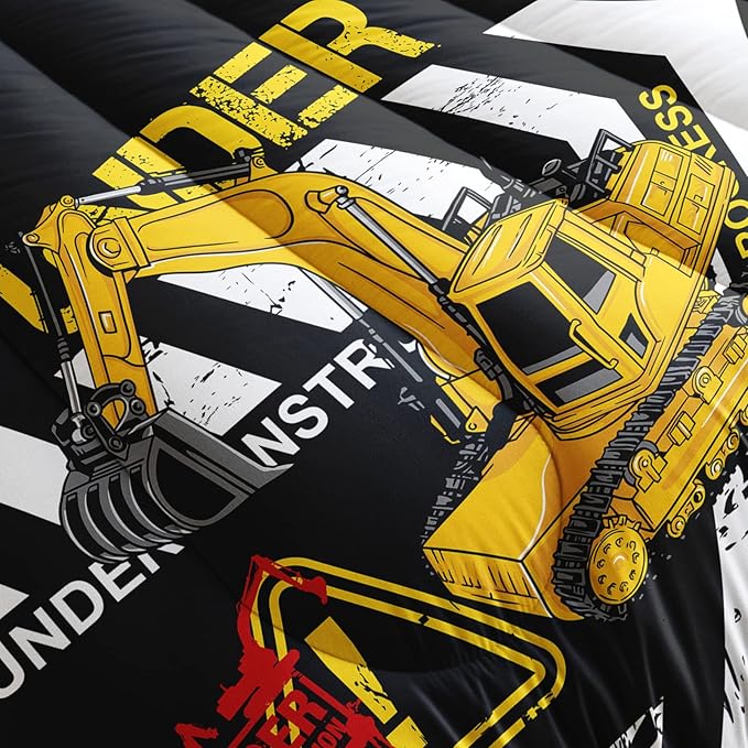 Excavator Comforter Twin Size,Construction Truck Comforter Set for Kids Teens Boys Girls,3Pcs Bedding Set Printed Comforter with 2 Pillowcases,Soft and Lightweight(Black，Twin Size) - LeafyLoom
