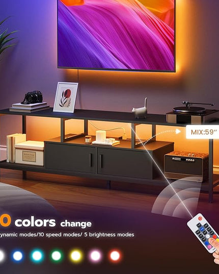 HOOBRO TV Stand with LED Light and Power Outlets for TVs up to 65 Inch, TV Media Console with Double-Door Cabinet, Gaming Entertainment Center for Living Room Bedroom, Black BB148UDS01 - LeafyLoom
