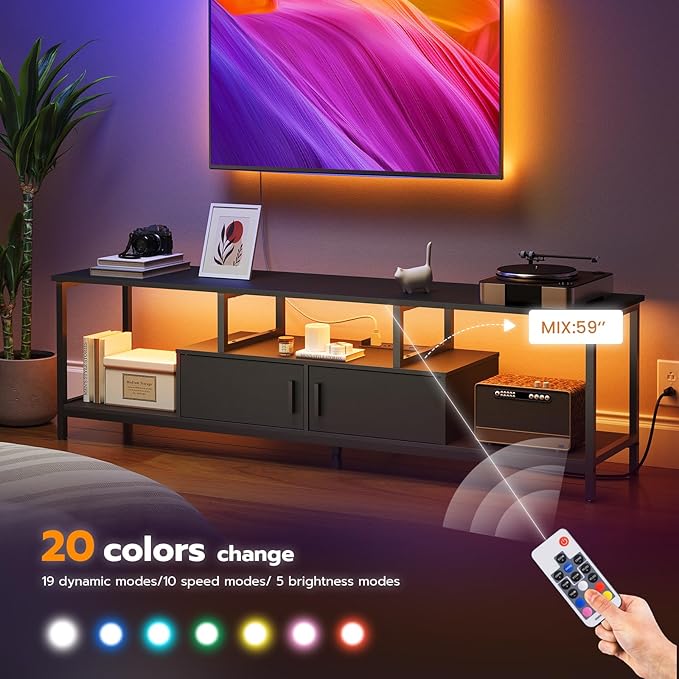 HOOBRO TV Stand with LED Light and Power Outlets for TVs up to 65 Inch, TV Media Console with Double-Door Cabinet, Gaming Entertainment Center for Living Room Bedroom, Black BB148UDS01 - LeafyLoom