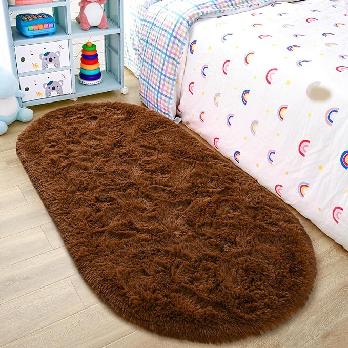 Noahas Ultra Soft Fluffy Bedroom Rugs,2.6' X 5.3' Oval Coffee Fluffy Rugs for Bedroom,Small Throw Rugs, Kids Room Carpet Modern Shaggy Area Rugs Home Decor - LeafyLoom