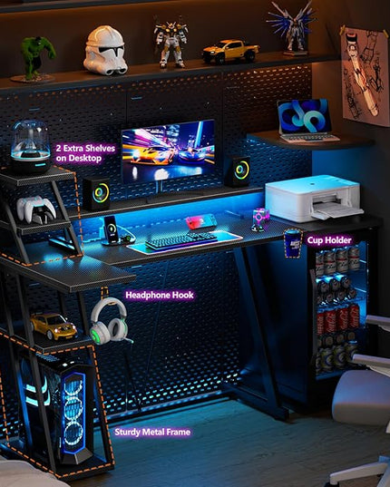 L Shaped Gaming Desk with LED Lights & Power Outlet, 47 Inch Computer Desk with Extra Storage Shelves, Reversible Gamer Workstations with Monitor Stand for Bedroom, Carbon Fiber Black - LeafyLoom