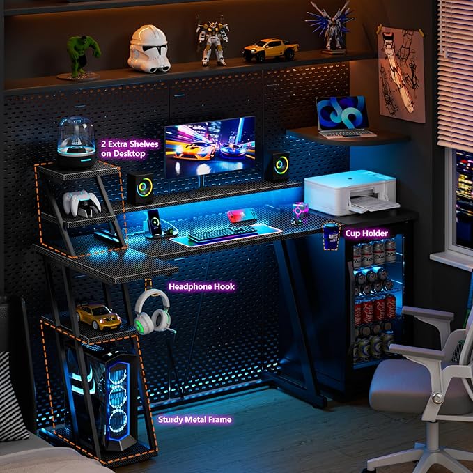L Shaped Gaming Desk with LED Lights & Power Outlet, 47 Inch Computer Desk with Extra Storage Shelves, Reversible Gamer Workstations with Monitor Stand for Bedroom, Carbon Fiber Black - LeafyLoom
