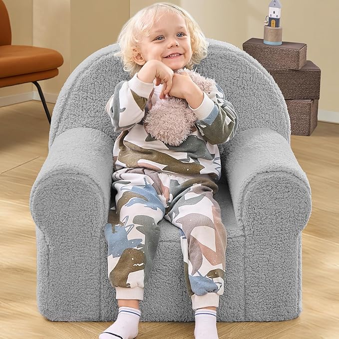 Toddler Chair Sherpa Couch Sherpa Kids Chair, Cuddly Kids Chairs Comfy Toddler Plush Chair Toddler Couch Reading Chair for Kids Fuzzy Baby Chair Grey - LeafyLoom
