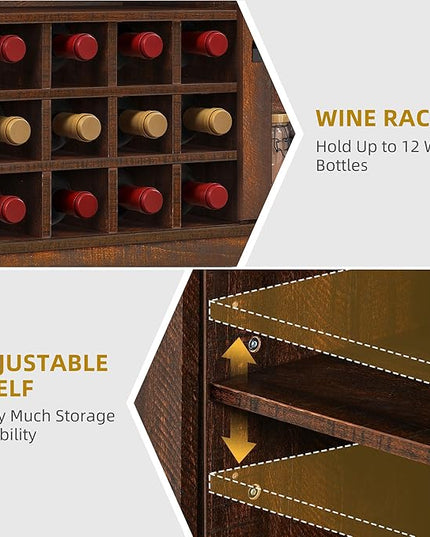 DWVO Farmhouse Coffee Bar Cabinet with Sliding Door and Drawers, 53" Kitchen Sideboard Buffet Cabinet, Home Bar Cabinet with Wine Rack for Kitchen Living Room, 3 Drawers Storage Cabinet, Brown Oak - LeafyLoom