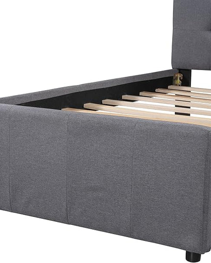 Twin Size Platform Bed, Linen Upholstered Bed Frame with Headboard and Trundle, Wood Slat Support, Gray - LeafyLoom
